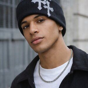 Black Knit Beanie with Silver Gothic Cross Design – Unisex